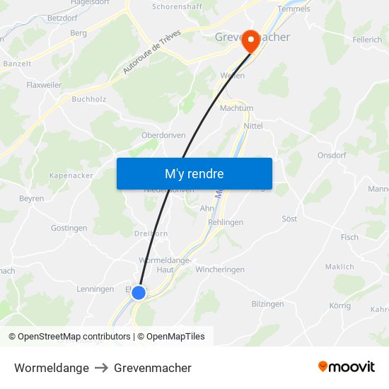 Wormeldange to Grevenmacher map