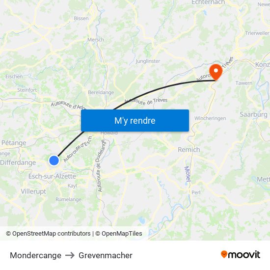 Mondercange to Grevenmacher map