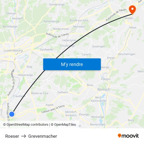 Roeser to Grevenmacher map