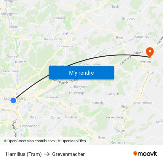 Hamilius (Tram) to Grevenmacher map