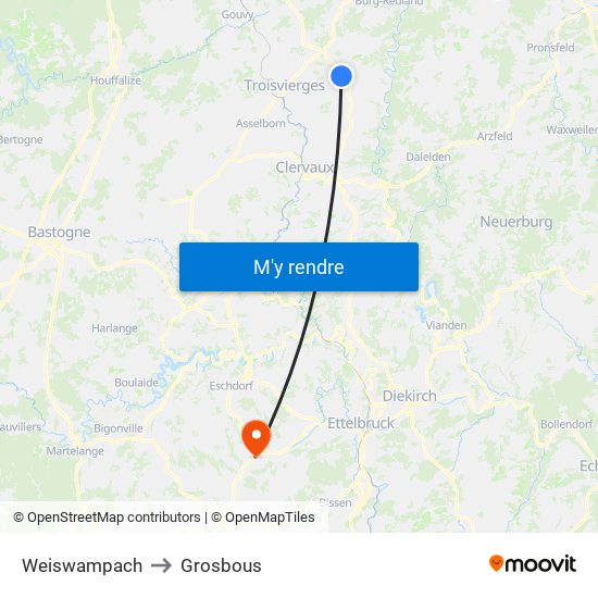 Weiswampach to Grosbous map
