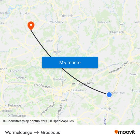 Wormeldange to Grosbous map