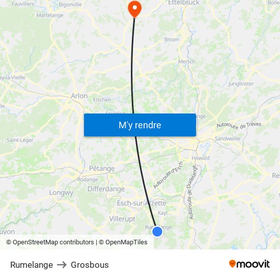 Rumelange to Grosbous map