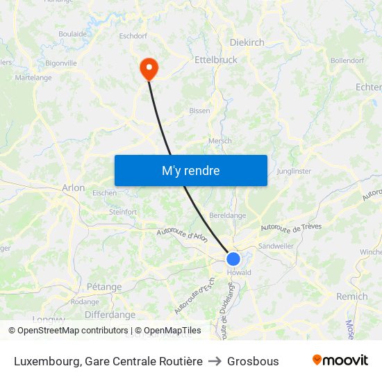 Luxembourg, Gare Centrale Routière to Grosbous map
