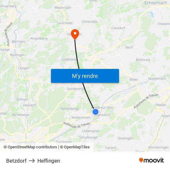 Betzdorf to Heffingen map