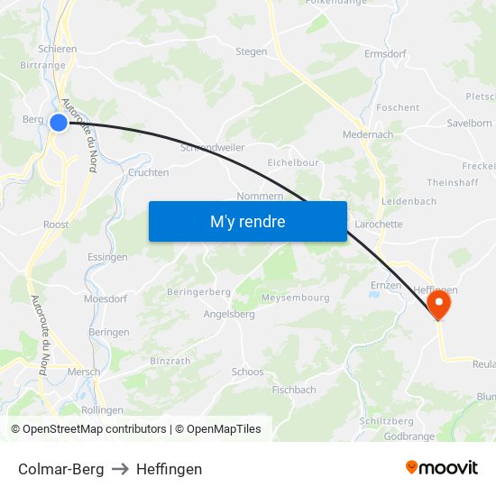 Colmar-Berg to Heffingen map