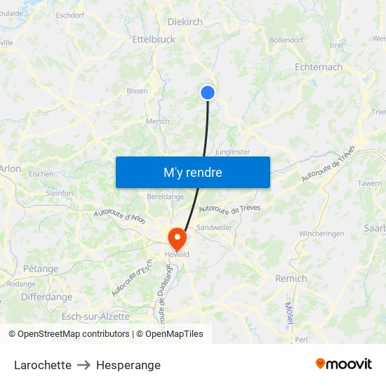 Larochette to Hesperange map