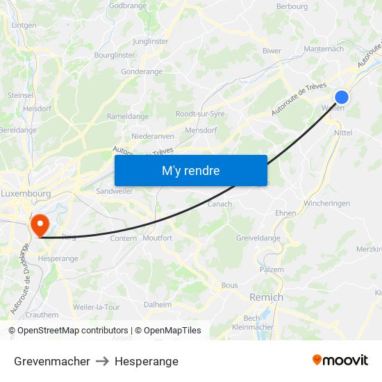 Grevenmacher to Hesperange map