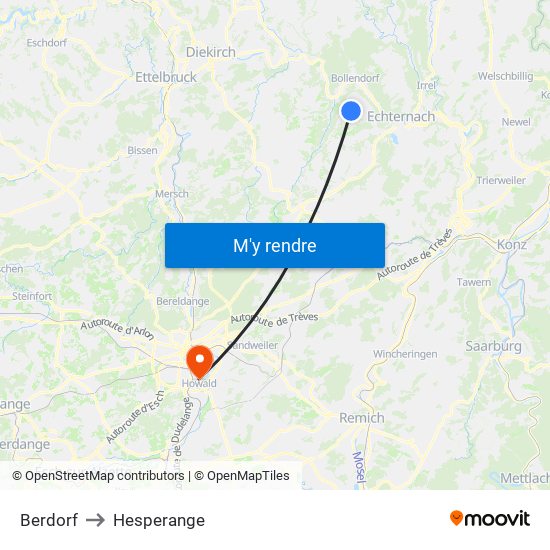 Berdorf to Hesperange map