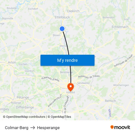 Colmar-Berg to Hesperange map