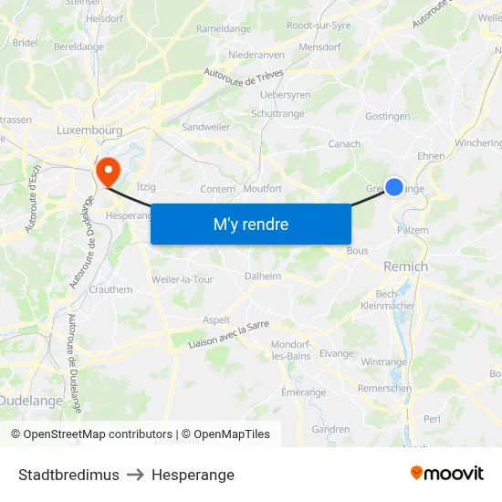 Stadtbredimus to Hesperange map