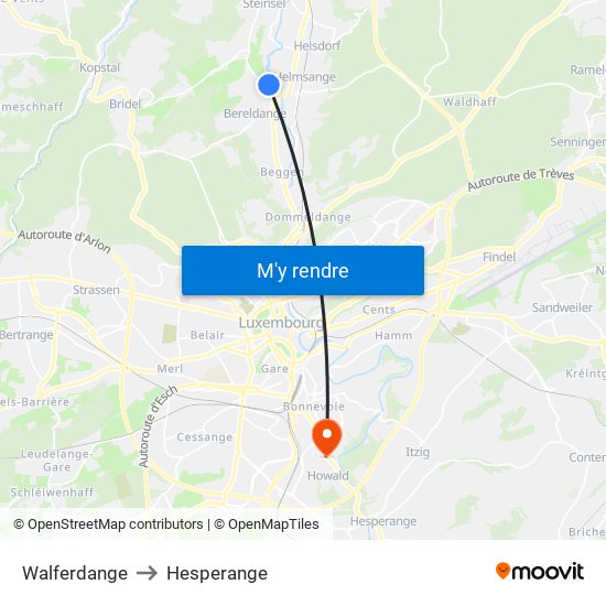 Walferdange to Hesperange map