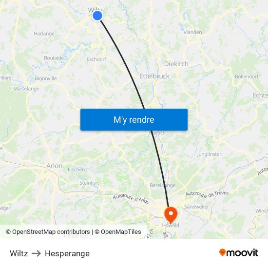 Wiltz to Hesperange map