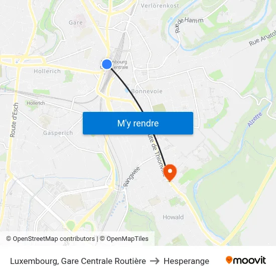 Luxembourg, Gare Centrale Routière to Hesperange map