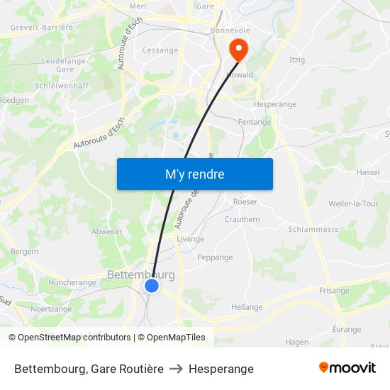 Bettembourg, Gare Routière to Hesperange map