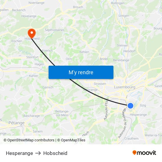 Hesperange to Hobscheid map