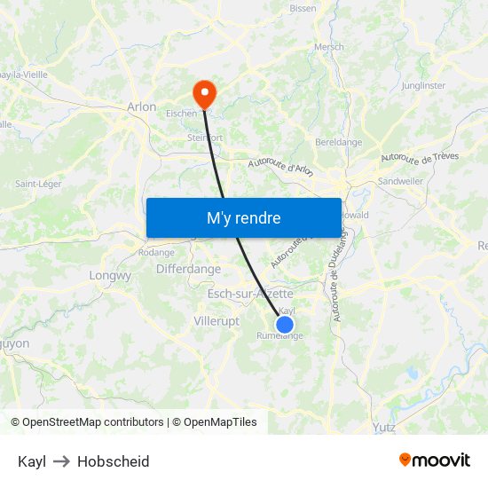 Kayl to Hobscheid map