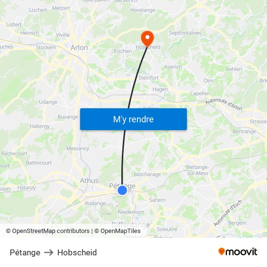 Pétange to Hobscheid map