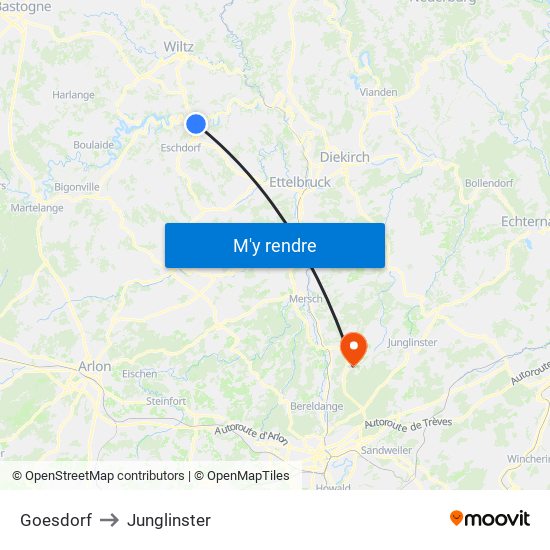 Goesdorf to Junglinster map