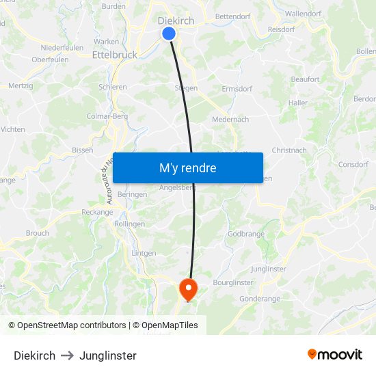 Diekirch to Junglinster map