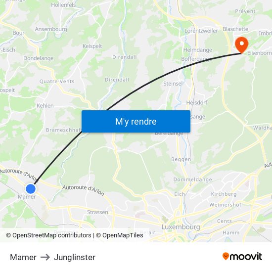 Mamer to Junglinster map