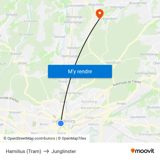 Hamilius (Tram) to Junglinster map