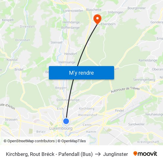Kirchberg, Rout Bréck - Pafendall (Bus) to Junglinster map