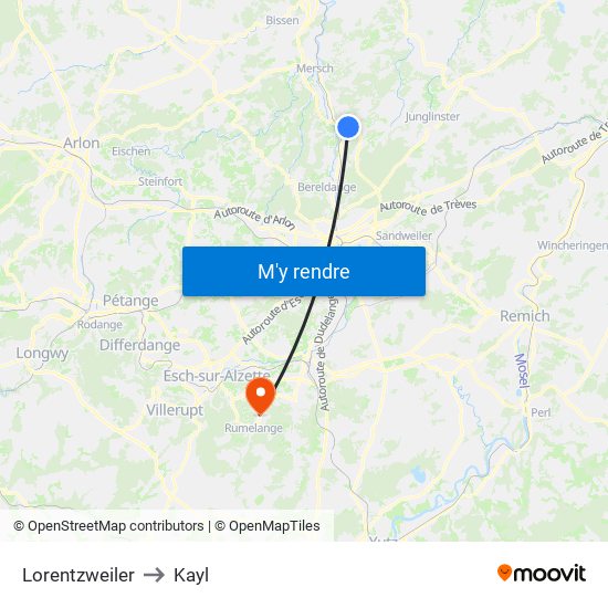 Lorentzweiler to Kayl map