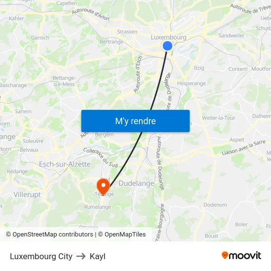 Luxembourg City to Kayl map