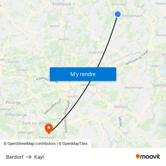 Berdorf to Kayl map