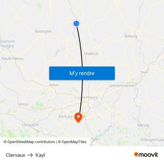 Clervaux to Kayl map