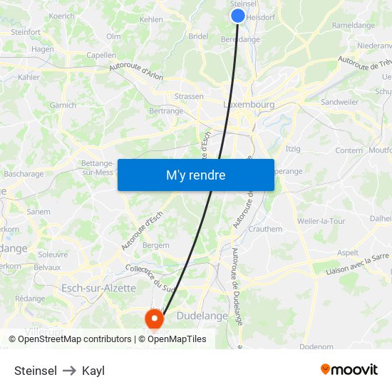 Steinsel to Kayl map