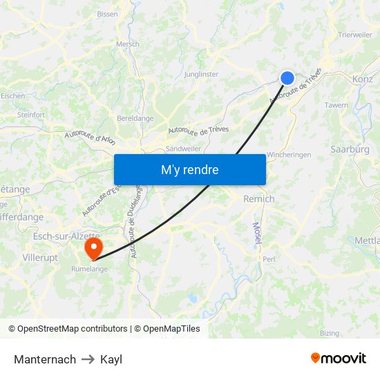 Manternach to Kayl map