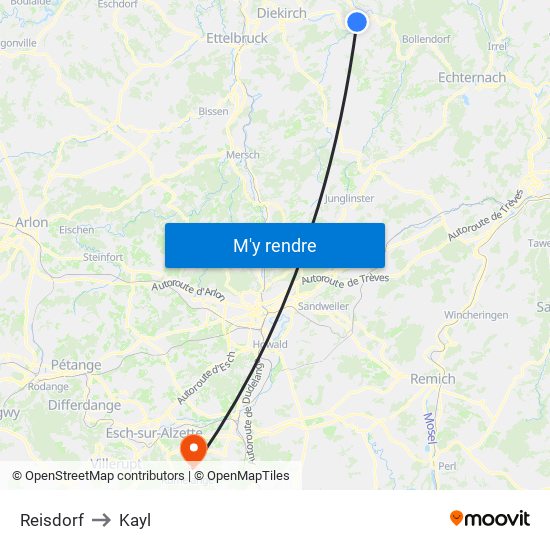 Reisdorf to Kayl map