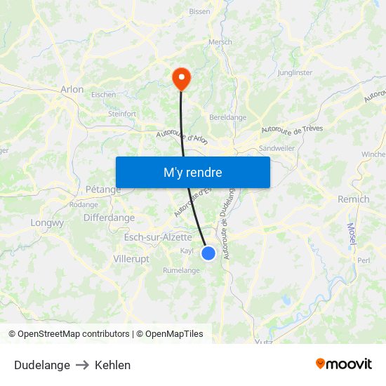 Dudelange to Kehlen map