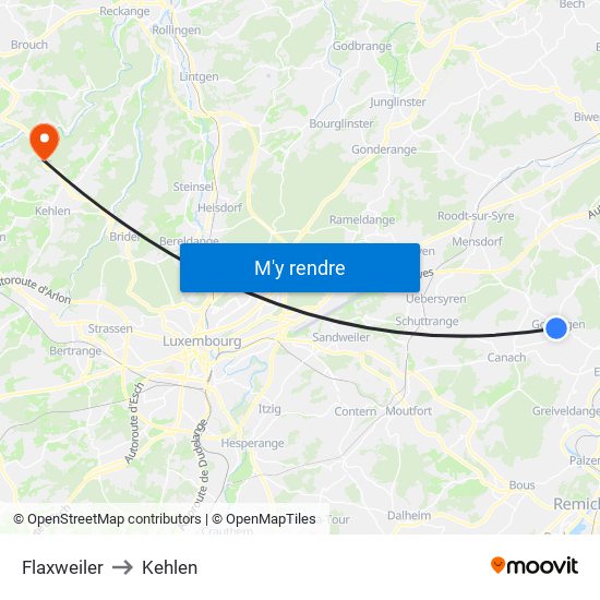 Flaxweiler to Kehlen map