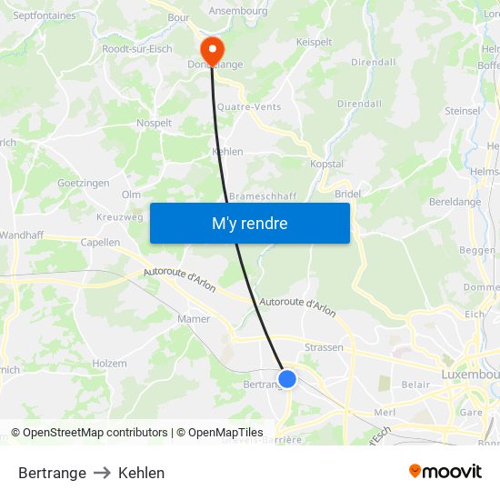 Bertrange to Kehlen map