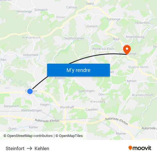 Steinfort to Kehlen map