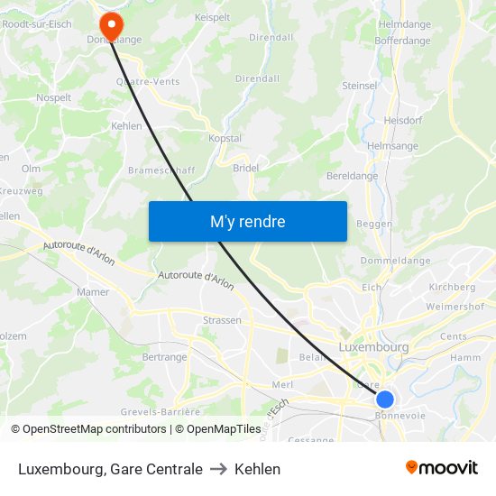 Luxembourg, Gare Centrale to Kehlen map