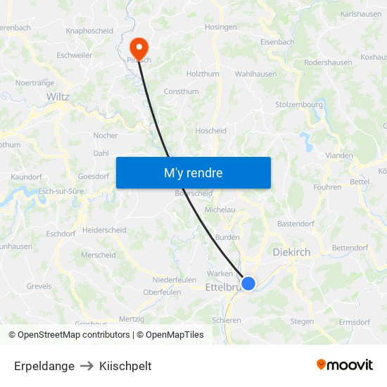 Erpeldange to Kiischpelt map