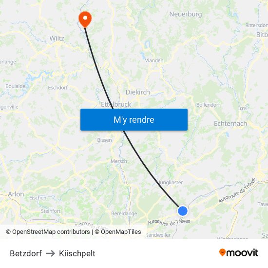 Betzdorf to Kiischpelt map