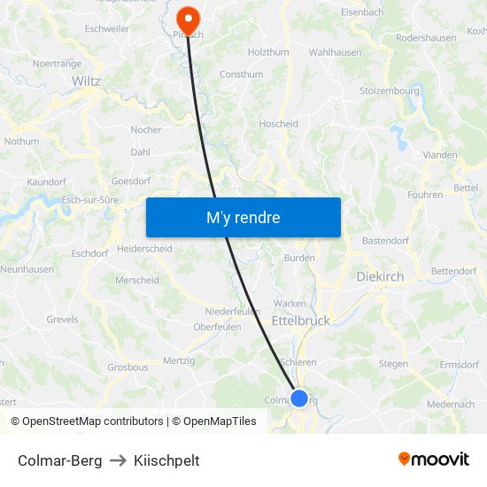 Colmar-Berg to Kiischpelt map