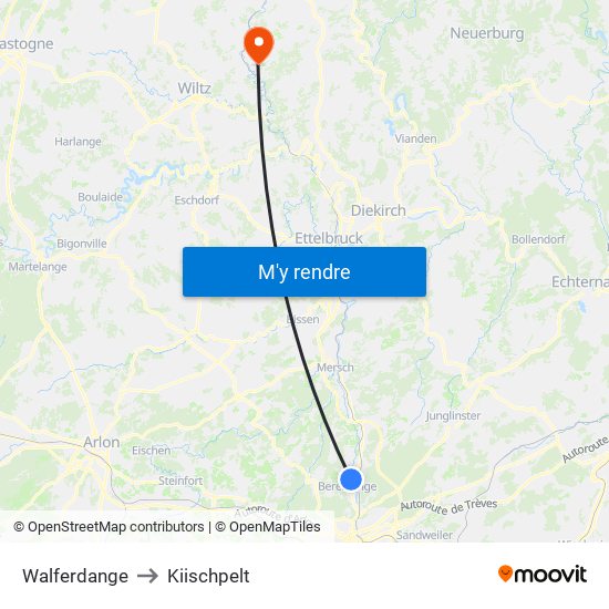 Walferdange to Kiischpelt map