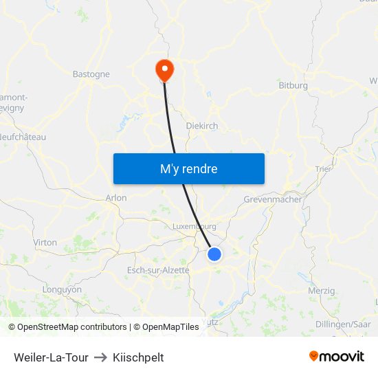 Weiler-La-Tour to Kiischpelt map