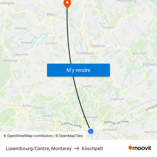 Luxembourg/Centre, Monterey to Kiischpelt map