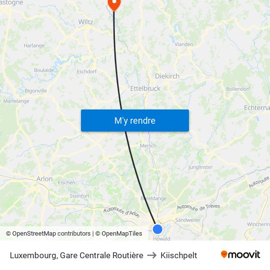 Luxembourg, Gare Centrale Routière to Kiischpelt map