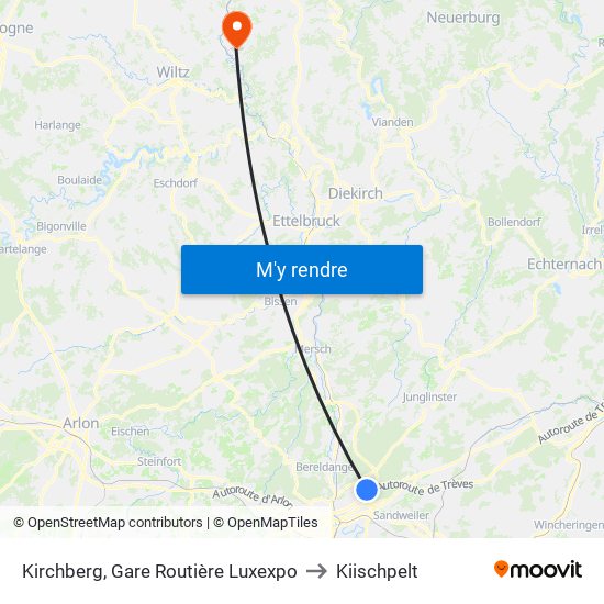 Kirchberg, Gare Routière Luxexpo to Kiischpelt map