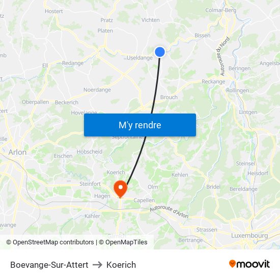 Boevange-Sur-Attert to Koerich map