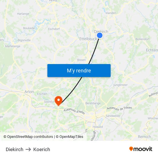 Diekirch to Koerich map