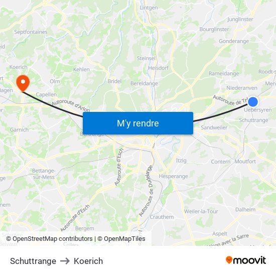 Schuttrange to Koerich map